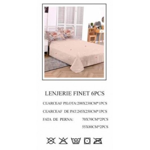 Lenjerie de pat dublu, Pucioasa, Finet, 6 piese, 2 persoane, 245x250cm LL-763