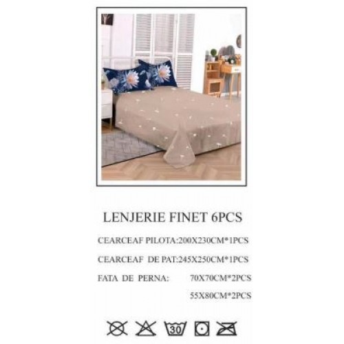 Lenjerie de pat dublu, Pucioasa, Finet, 6 piese, 2 persoane, 245x250cm LL-802