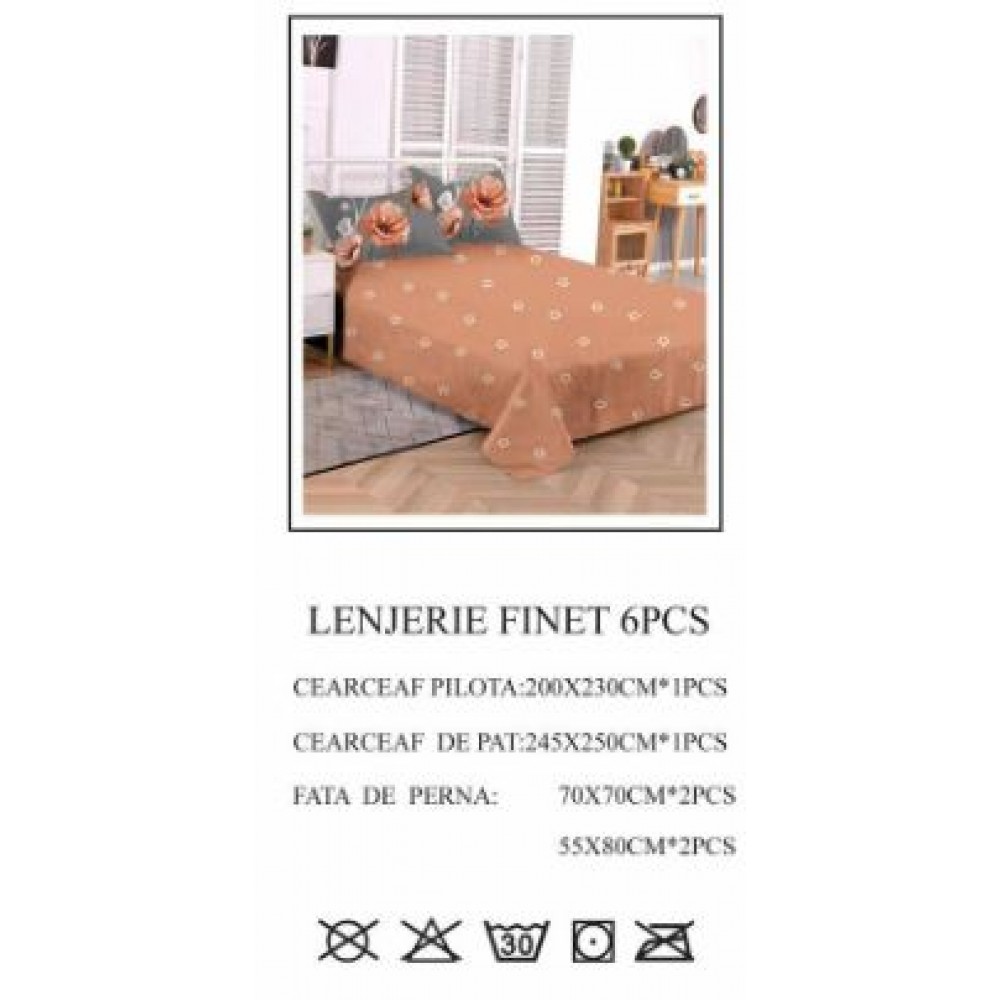 Lenjerie de pat dublu, Pucioasa, Finet, 6 piese, 2 persoane, 245x250cm LL-803