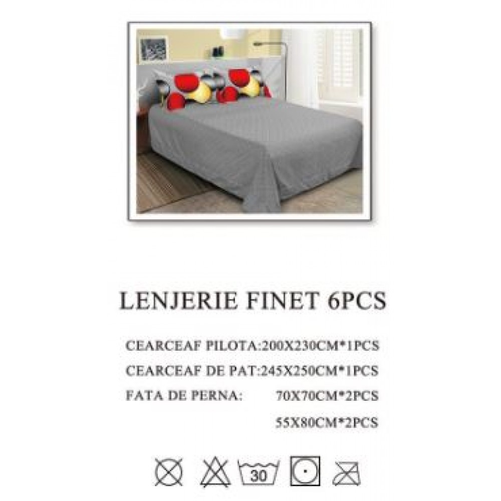 Lenjerie de pat dublu, Pucioasa, Finet, 6 piese, 2 persoane, 245x250cm LL-944