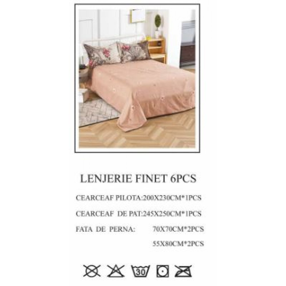 Lenjerie de pat dublu, Pucioasa, Finet, 6 piese, 2 persoane, 245x250cm LL-648