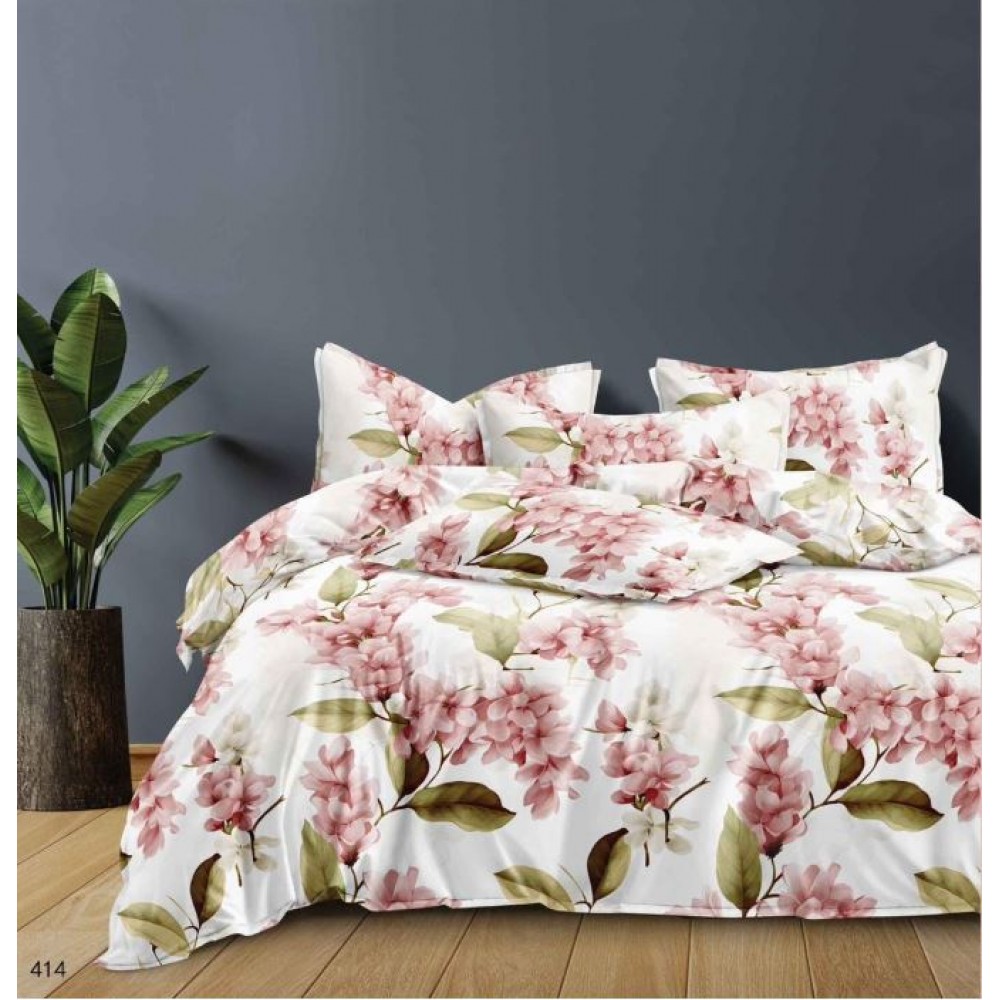 Lenjerie Bumbac Satinat, 4 Piese, 230 x 245 cm, Floricele, Alb/Roz, N-09