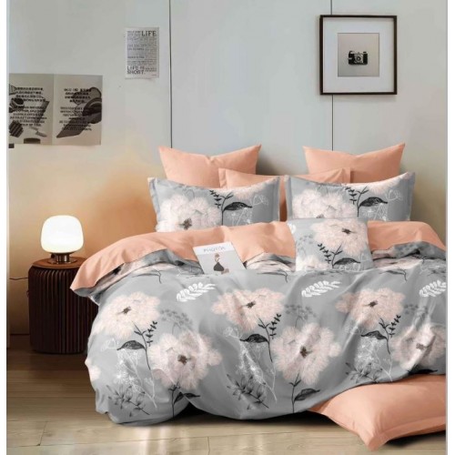 Lenjerie Bumbac Satinat, 4 Piese, 230 x 245 cm, Superior, Gri-Bej, flori , N-08