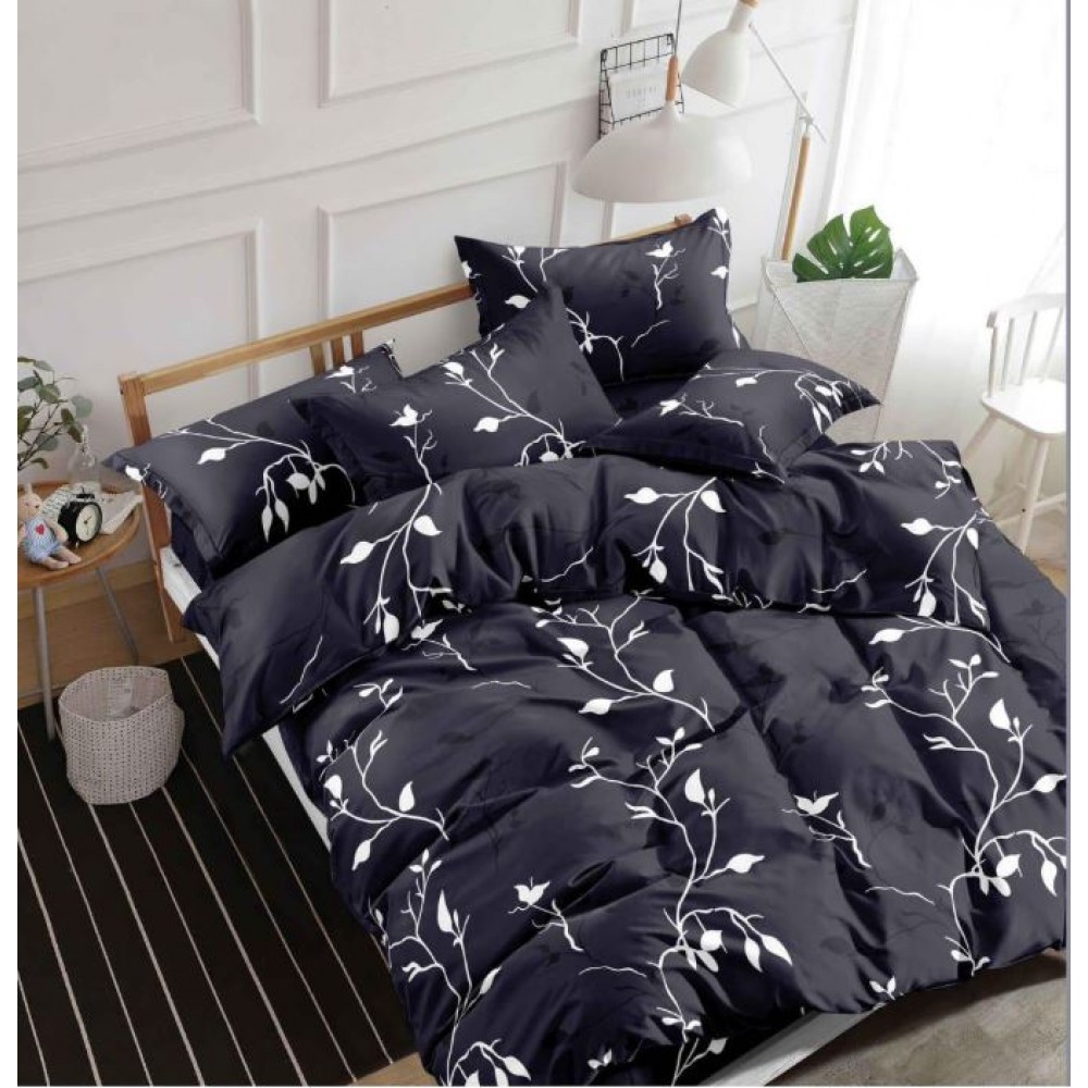 Lenjerie Bumbac Satinat, 4 Piese, 230 x 245 cm, Frunze, Negru/Alb, N-14