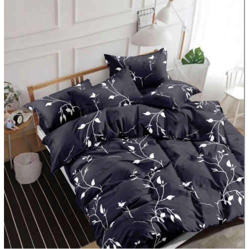 Lenjerie Bumbac Satinat, 4 Piese, 230 x 245 cm, Frunze, Negru/Alb, N-14