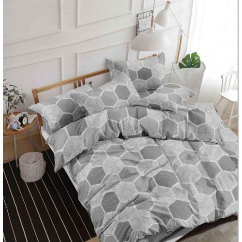 Lenjerie Bumbac Satinat, 4 Piese, 230 x 245 cm,Superior, Gri, hexagon, N-016