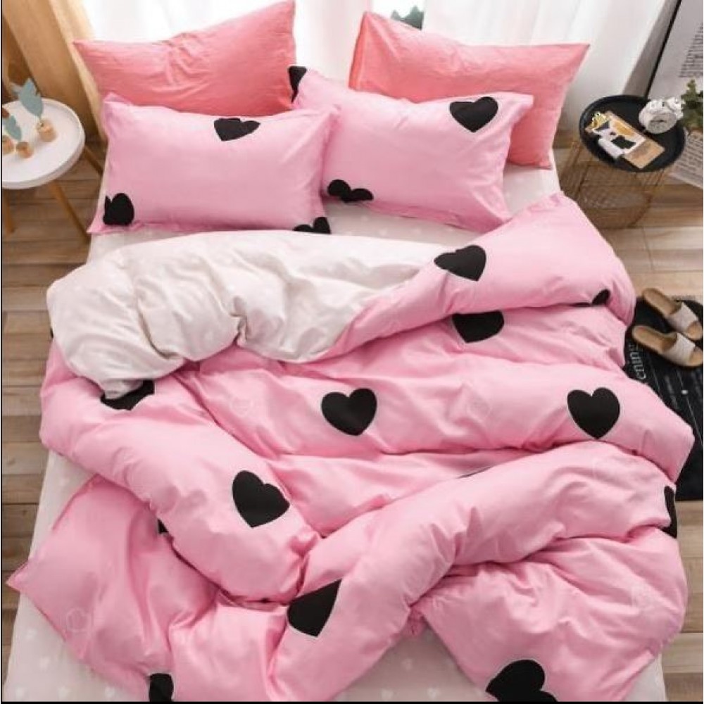 Lenjerie Bumbac Satinat, 4 Piese, 230 x 245 cm,Superior, Roz-Negru, inimi, N-221