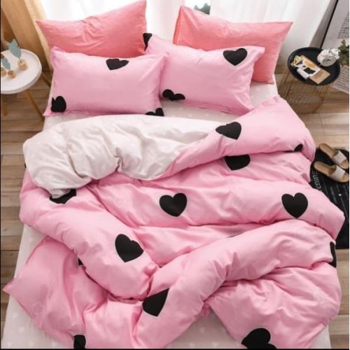 Lenjerie Bumbac Satinat, 4 Piese, 230 x 245 cm,Superior, Roz-Negru, inimi, N-221