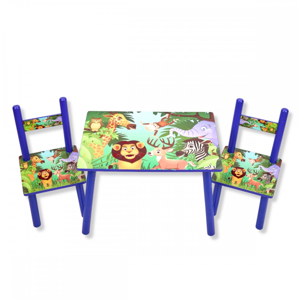Set masuta cu doua scaune pentru copii, din MDF, Turcoaz, Animale Din Jungla ,59x39x40 cm, W-22
