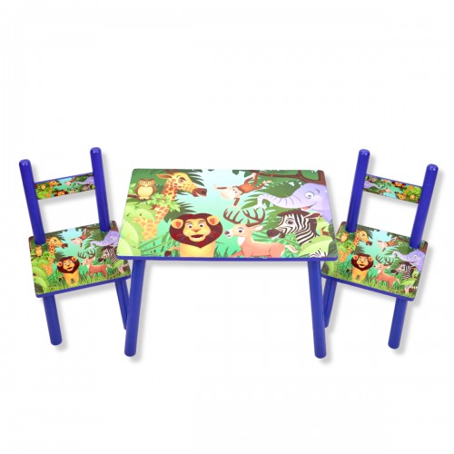 Set masuta cu doua scaune pentru copii, din MDF, Turcoaz, Animale Din Jungla ,59x39x40 cm, W-22