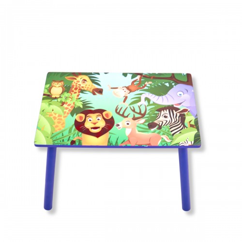 Set masuta cu doua scaune pentru copii, din MDF, Turcoaz, Animale Din Jungla ,59x39x40 cm, W-22