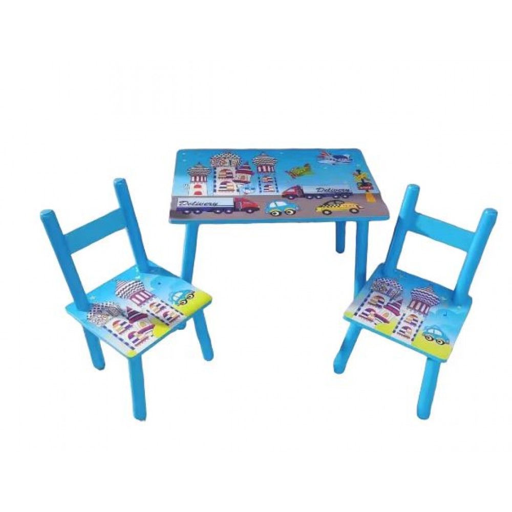 Set masuta cu doua scaune pentru copii, din MDF, Albastru ,59x39x40 cm, CD-41