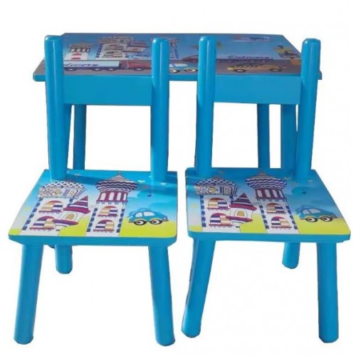 Set masuta cu doua scaune pentru copii, din MDF, Albastru ,59x39x40 cm, CD-41