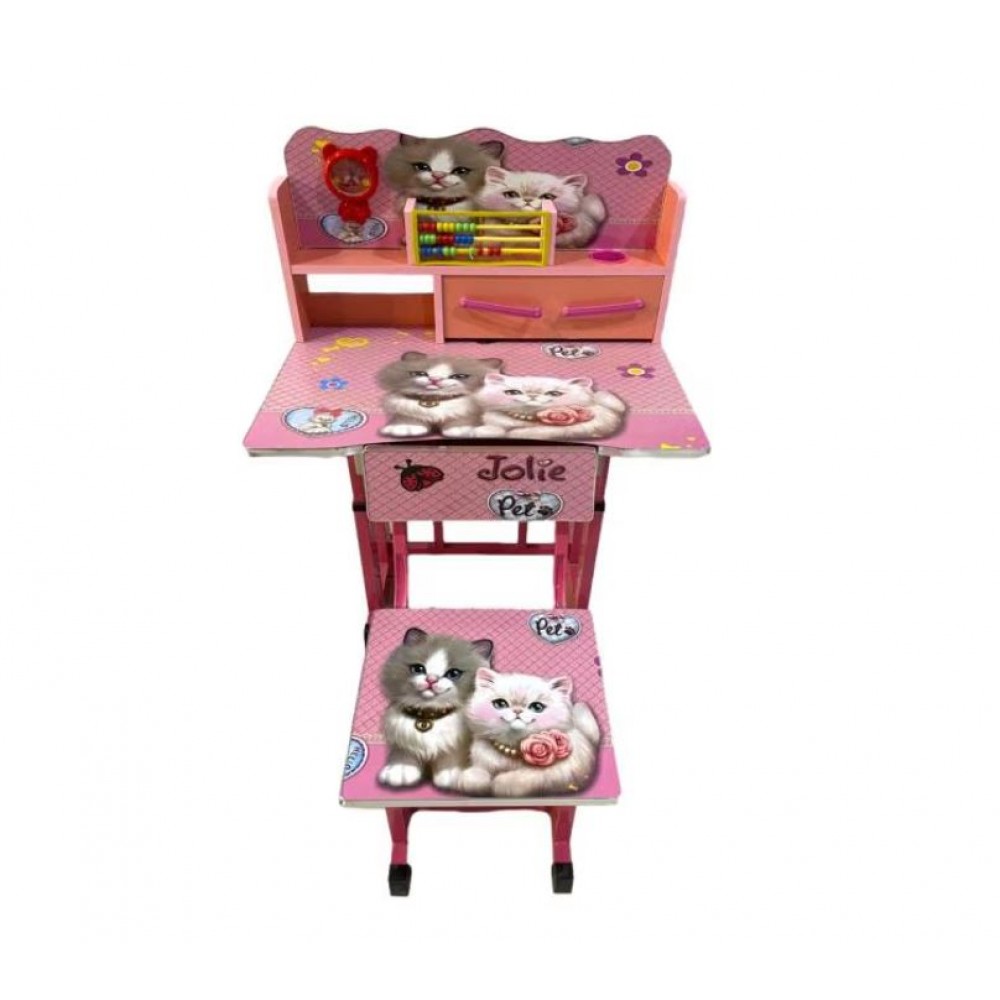 Set birou cu scaun pentru copii, reglabil, cu numaratoare si ceas, sertar, Jolie Pet, F2, Multicolor