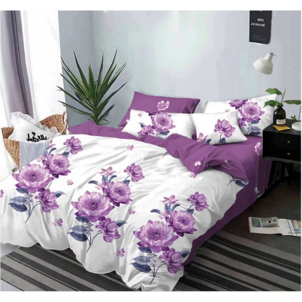 Lenjerie de pat dublu, Flori Lila, 2 persoane, 6 piese, Finet, 220x230cm, SKY-01