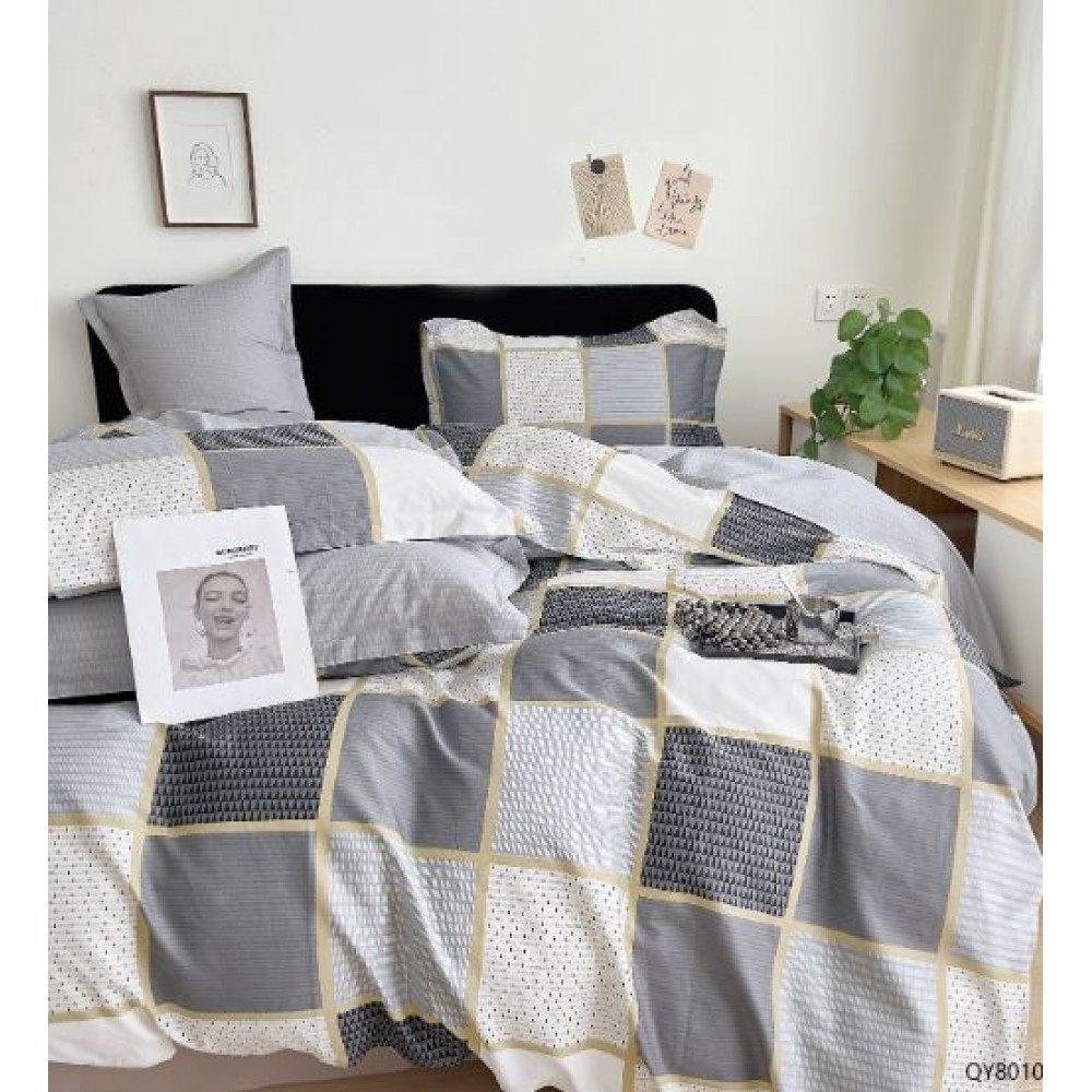 Set Lenjerie Eleganta din Bumbac, cu imprimeu deosebit, pentru pat dublu, 4 piese: Cearceaf de pat cu elastic 180 x 200 cm, Cearceaf pilota 200 x 230 cm, 2 fete de perna 50 x 70 cm, QY8010