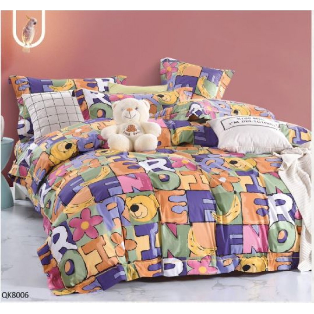 Set Lenjerie Finet 4 Piese din 100% Bumbac Pentru 1 Persoana, cu imprimeu deosebit,: Cearceaf de pat 155 x 230 cm, Cearceaf pilota 160 x 200 cm, 2 fete de perna 55 x 80 cm, QK8006