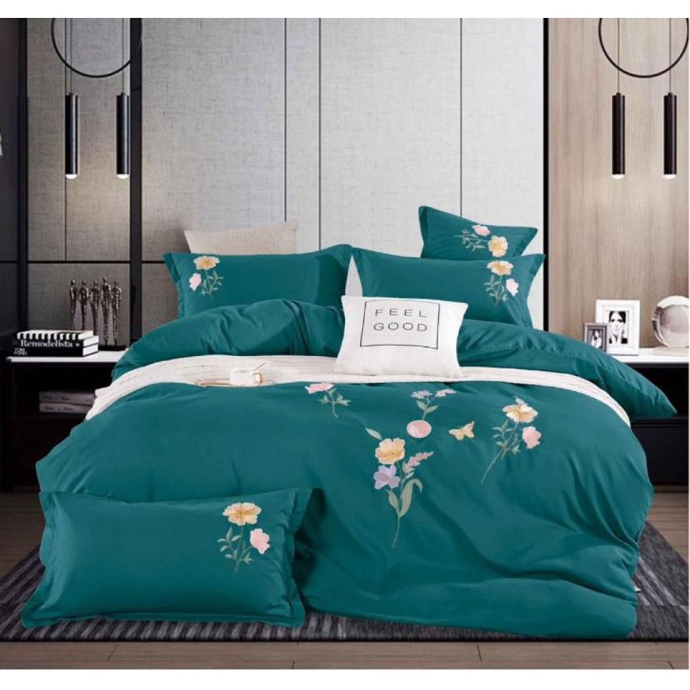 Set Lenjerie Eleganta din Bumbac, Brodat , pentru pat dublu, 4 piese: Cearceaf de pat cu elastic 180 x 200 cm, Cearceaf pilota 200 x 230 cm, 2 fete de perna 55 x 80 cm, XH013