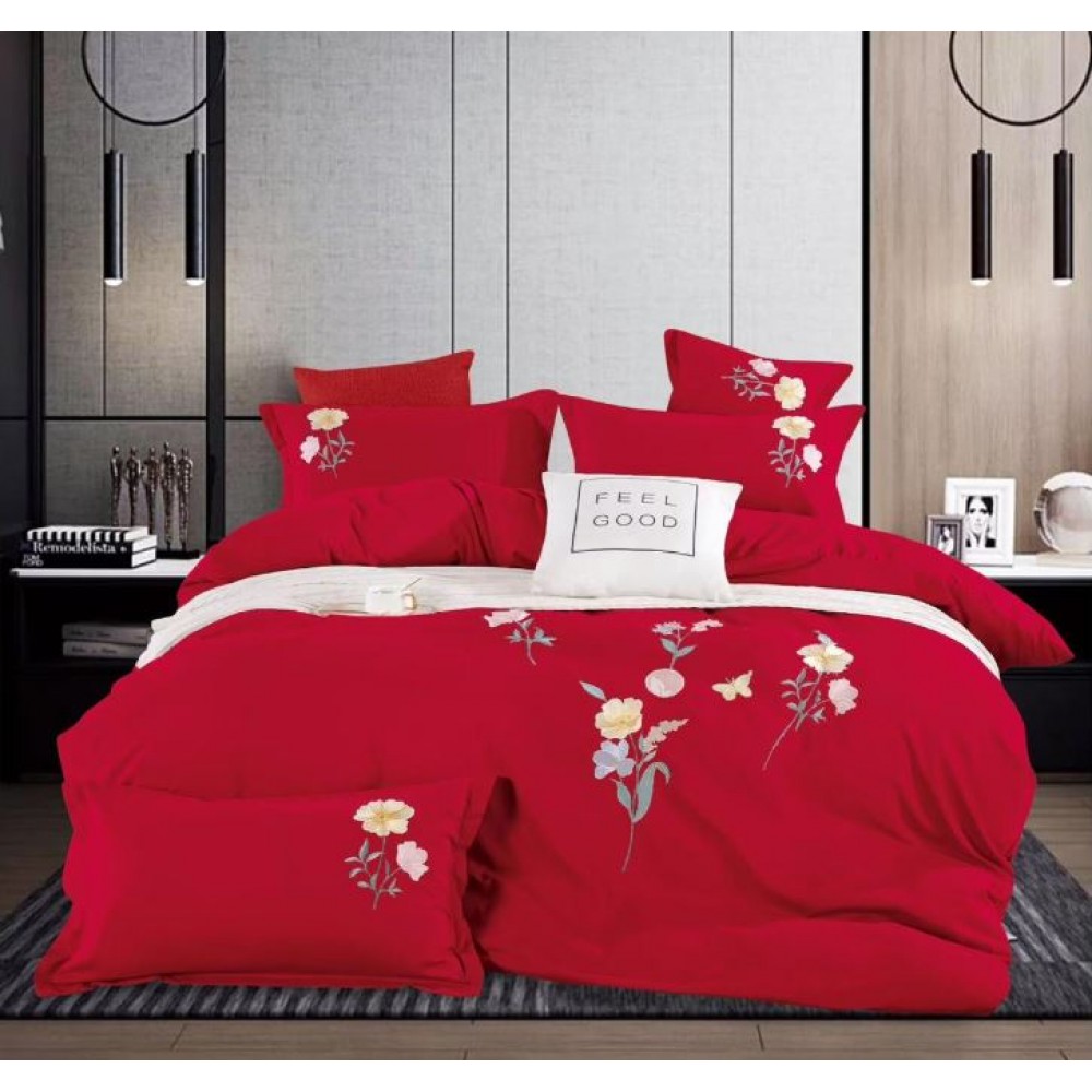 Set Lenjerie Eleganta din Bumbac, Brodat , pentru pat dublu, 4 piese: Cearceaf de pat cu elastic 180 x 200 cm, Cearceaf pilota 200 x 230 cm, 2 fete de perna 55 x 80 cm, XH005