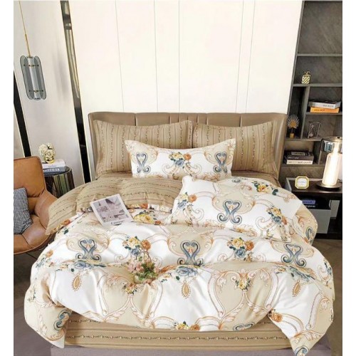 Set Lenjerie Eleganta , Finet, imprimat digital, pentru 2 persoane, 6 piese, Cearceaf de pat cu elastic 180x200 cm, T239
