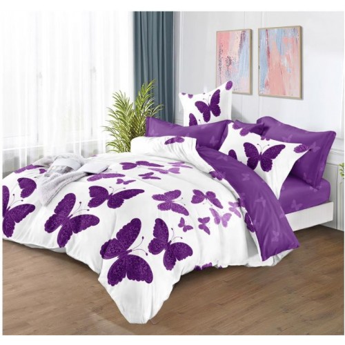 Set Lenjerie Eleganta , Finet, imprimat digital, pentru 2 persoane, 6 piese, Cearceaf de pat cu elastic 180x200 cm, T21