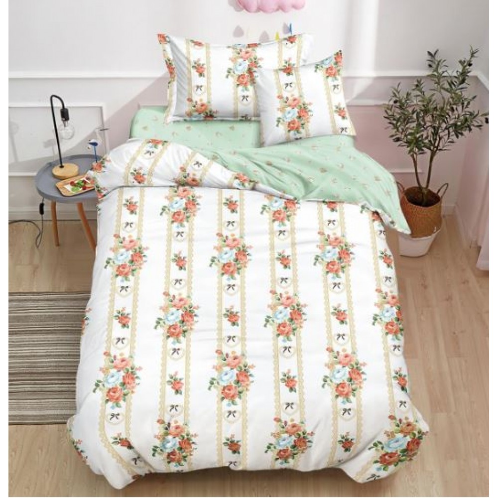Lenjerie De Pat 1 Persoana 4 Piese, din Bumbac Finet, Cearceaf de pat cu elastic 140x200cm, T60-27