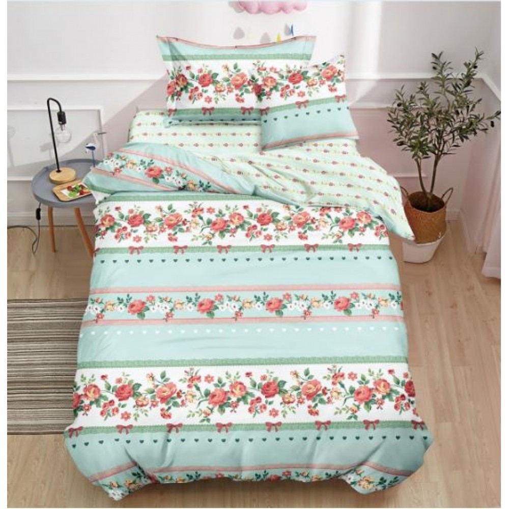 Lenjerie De Pat 1 Persoana 4 Piese, din Bumbac Finet, Cearceaf de pat cu elastic 140x200cm, T60-28