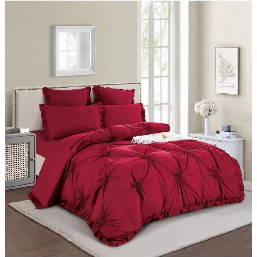 Lenjerie de pat dublu, Bumbac Finet, Cearceaf cu Elastic, 6 Piese, Inimioare Brodate,180x200cm, T1-03