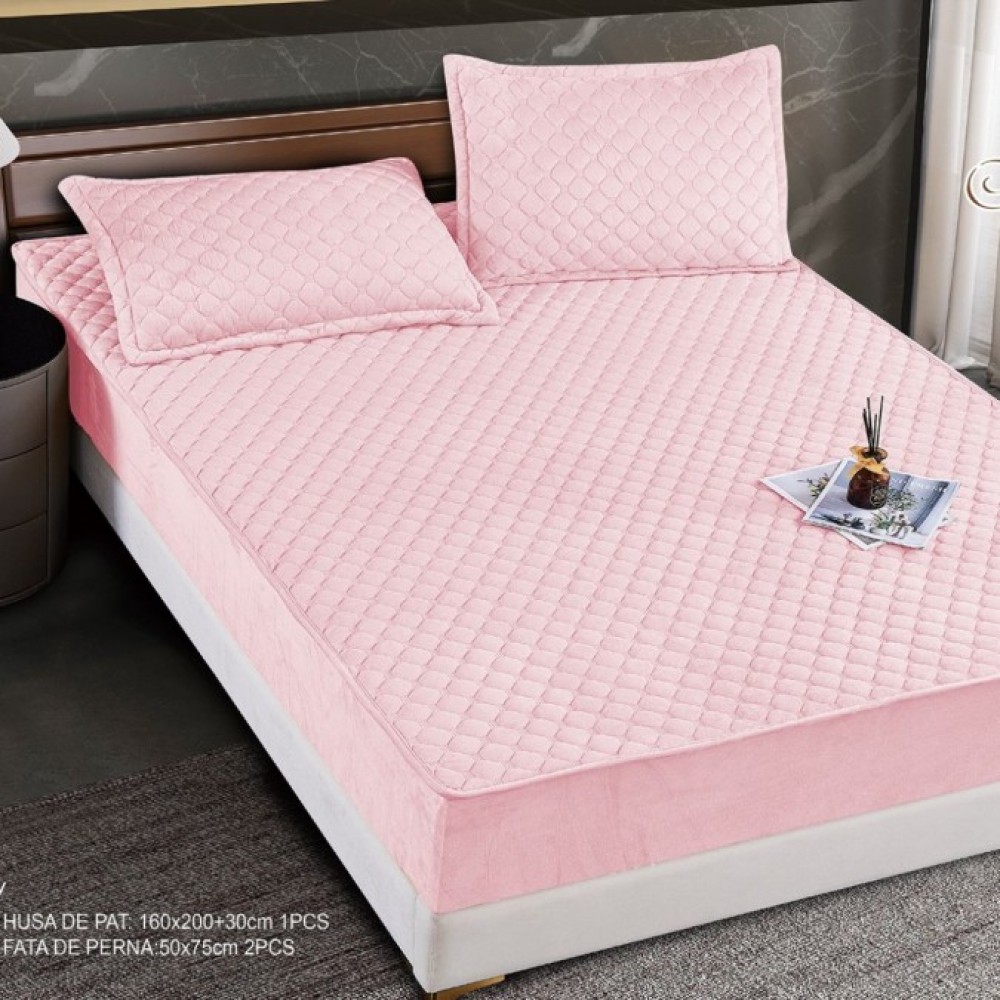 Husă Matlasată Tip Topper din Catifea 160x200cm, cu 2 Fețe de Pernă 50x75cm, TP6-03