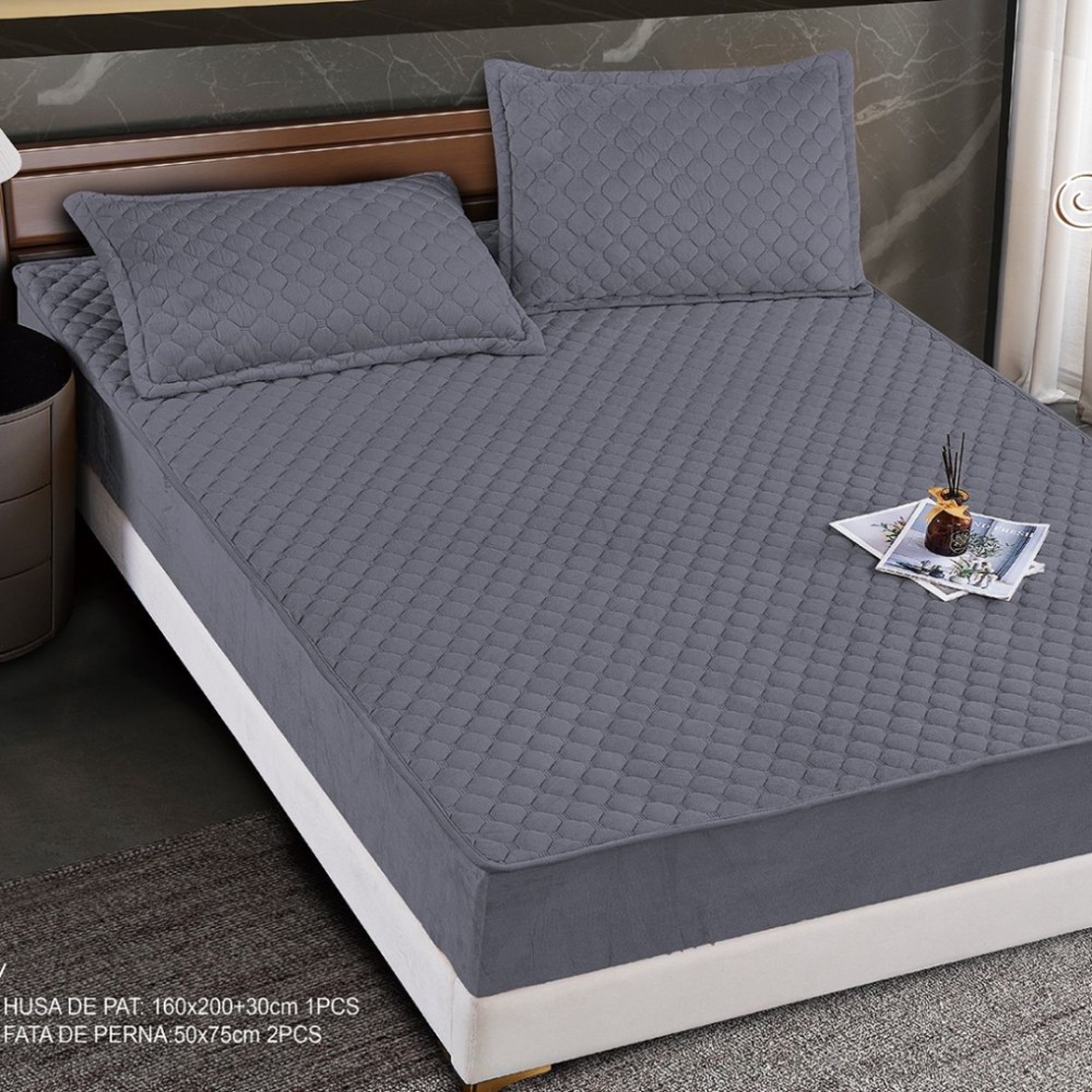 Husă Matlasată Tip Topper din Catifea 160x200cm, cu 2 Fețe de Pernă 50x75cm, TP6-01