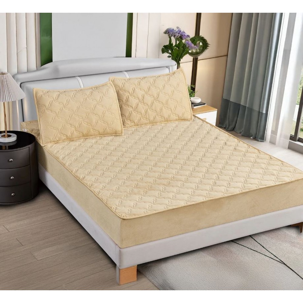 Husa de pat matlasata si 2 fete de perne din catifea 180x200cm, cu elastic, model tip topper, T8-12