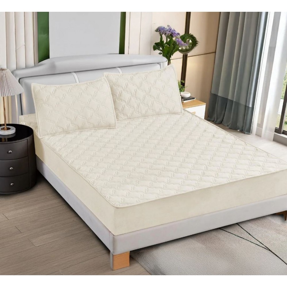 Husa de pat matlasata si 2 fete de perne din catifea 180x200cm, cu elastic, model tip topper, T8-07