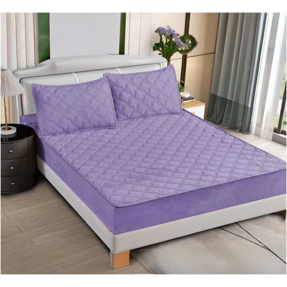 Husa de pat matlasata si 2 fete de perne din catifea 180x200cm, cu elastic, model tip topper, T8-05