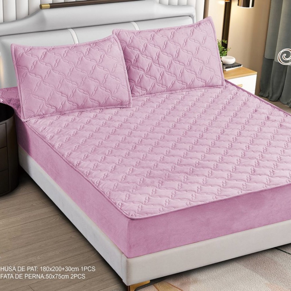 Husa de pat matlasata si 2 fete de perne din catifea 180x200cm, cu elastic, model tip topper, T8-02