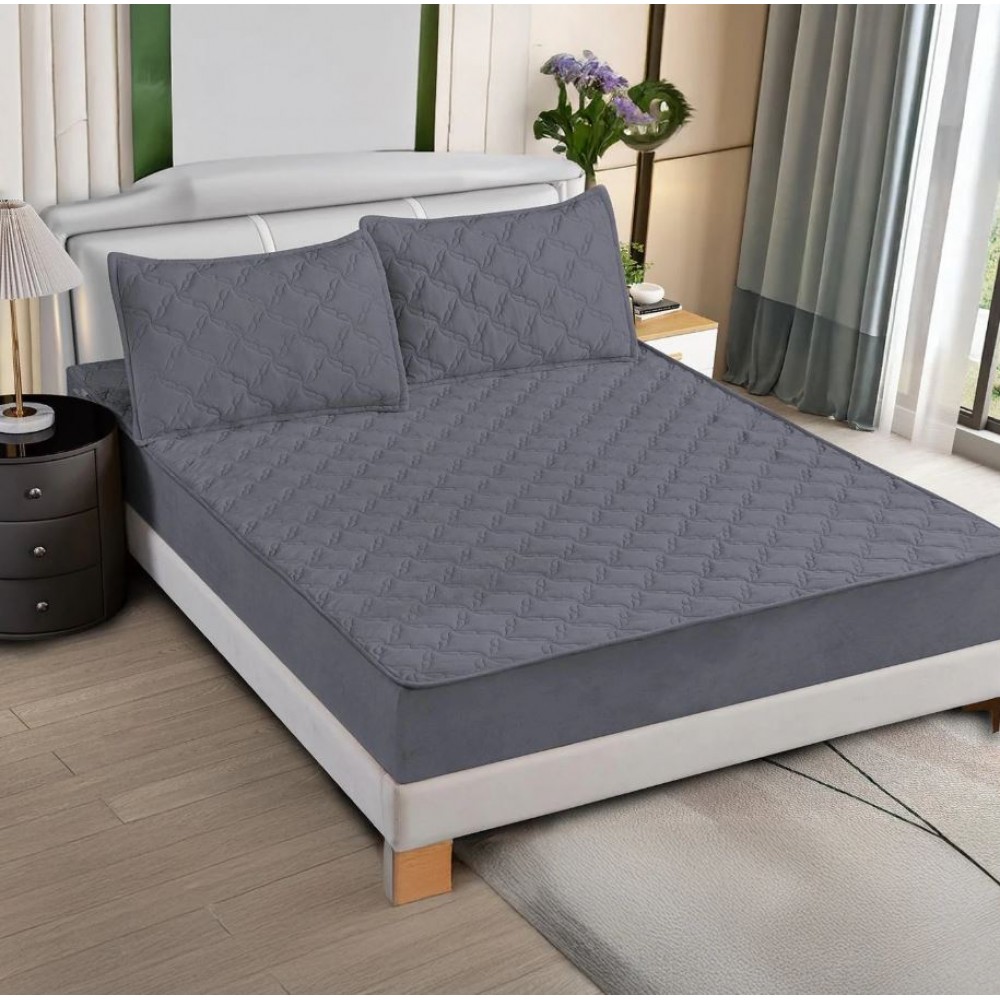 Husa de pat matlasata si 2 fete de perne din catifea 180x200cm, cu elastic, model tip topper, T8-01