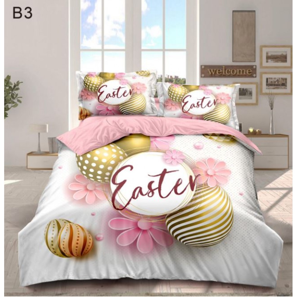 Set Lenjerie Eleganta cu imprimeu de Paște, 6 piese din Finet, Cearceaf de pat 230x250cm, Pat 2 Persoane, BB3