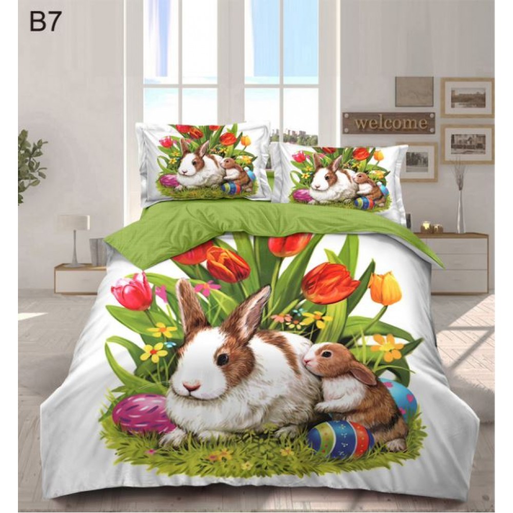 Set Lenjerie Eleganta cu imprimeu de Paște, 6 piese din Finet, Cearceaf de pat 230x250cm, Pat 2 Persoane, BB7
