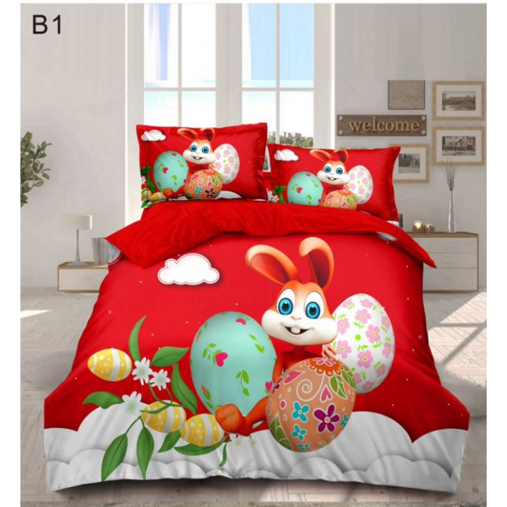 Set Lenjerie Eleganta cu imprimeu de Paște, 6 piese din Finet, Cearceaf de pat 230x250cm, Pat 2 Persoane, BB1