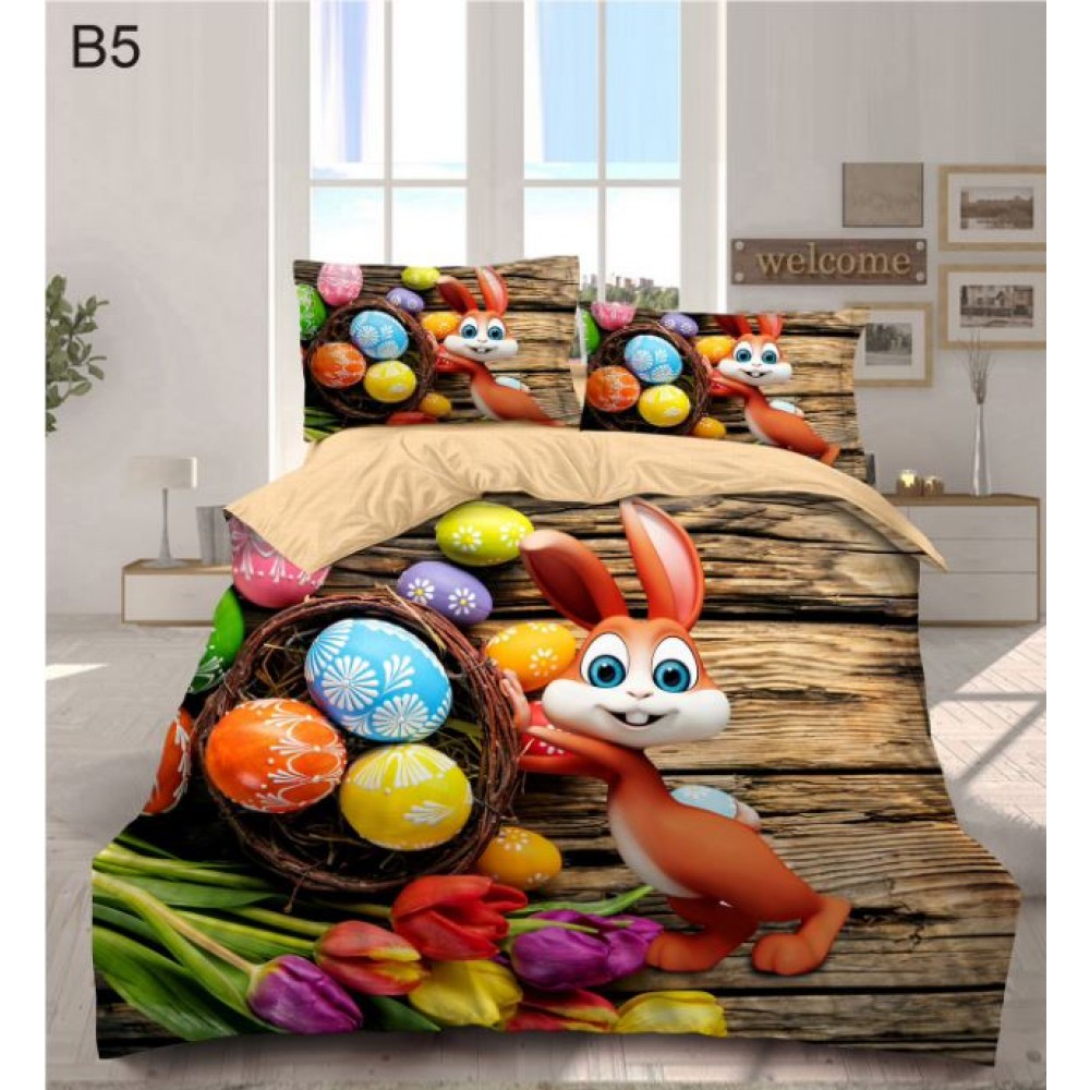 Set Lenjerie Eleganta cu imprimeu de Paște, 6 piese din Finet, Cearceaf de pat 230x250cm, Pat 2 Persoane, BB5