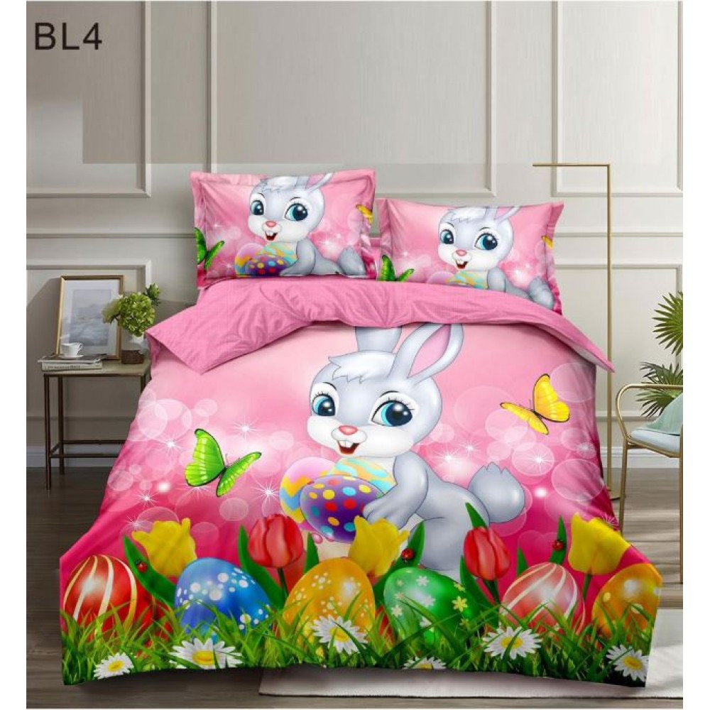 Set Lenjerie Eleganta cu imprimeu de Paște, 6 piese din Finet Cu Elastic, Cearceaf de pat 180x200cm, Pat 2 Persoane, BL4