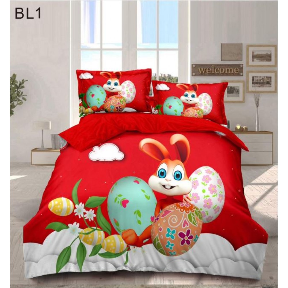 Set Lenjerie Eleganta cu imprimeu de Paște, 6 piese din Finet Cu Elastic, Cearceaf de pat 180x200cm, Pat 2 Persoane, BL1