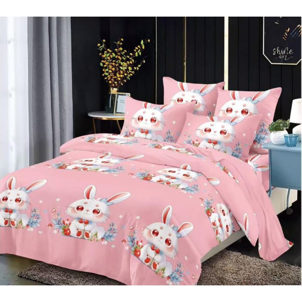 Lenjerie Bumbac tip Finet pufos, ușoară, Model iepure roz pentru copii, cearceaf pentru pat 230x250cm, L-284 Lenjerii finet personaje copii