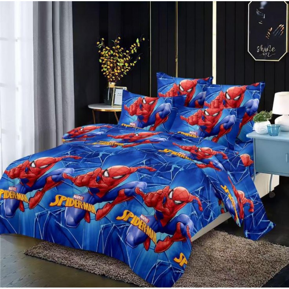 Lenjerie Bumbac tip Finet pufos, ușoară, Model Spiderman Albastru-Rosu pentru copii, cearceaf pentru pat 230x250cm, L-SP1 Lenjerii finet personaje copii