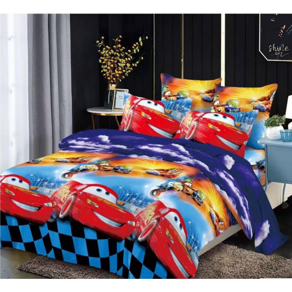 Lenjerie Bumbac tip Finet pufos, ușoară, Model Albastru-masina pentru copii, cearceaf pentru pat 230x250cm, L-281 Lenjerii finet personaje copii