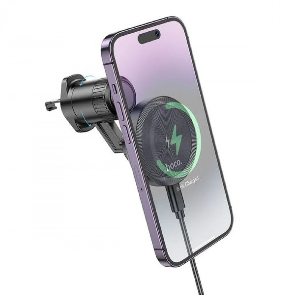 Suport auto Magsafe, Hoco HW6, Compatibil Apple, Incarcare wireless 15W, Grila de ventilatie, Negru