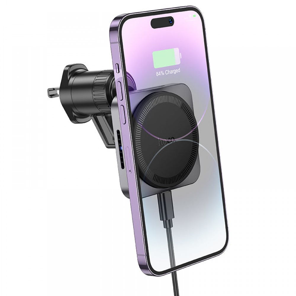 Suport Auto cu incarcare Wireless, HW15, 15W, Magnetic, montaj Ventilatie, cablu USB-C, 1m, Pull Hook, Negru/Gri