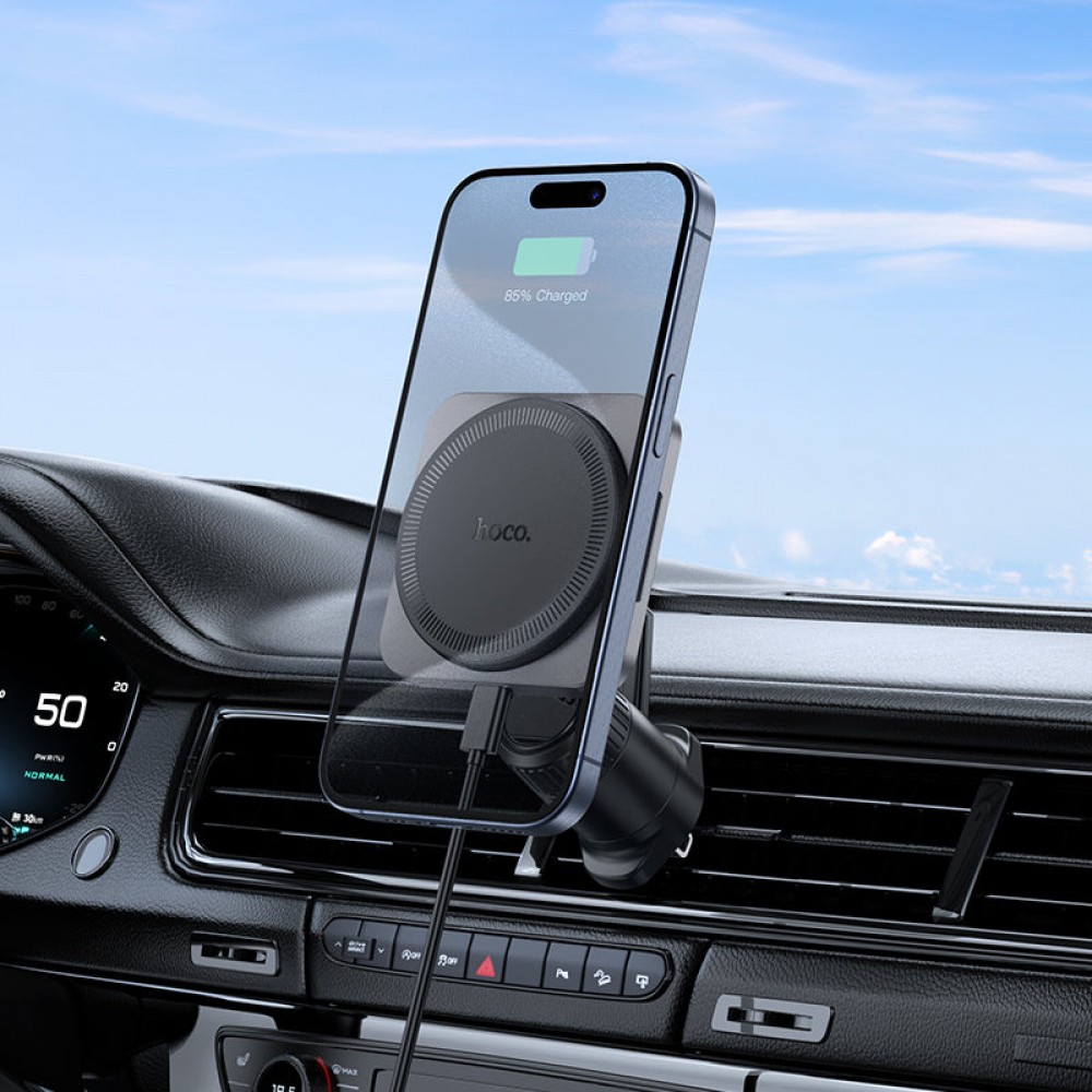 Suport Auto cu incarcare Wireless, HW15, 15W, Magnetic, montaj Ventilatie, cablu USB-C, 1m, Pull Hook, Negru/Gri