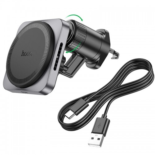 Suport Auto cu incarcare Wireless, HW15, 15W, Magnetic, montaj Ventilatie, cablu USB-C, 1m, Pull Hook, Negru/Gri