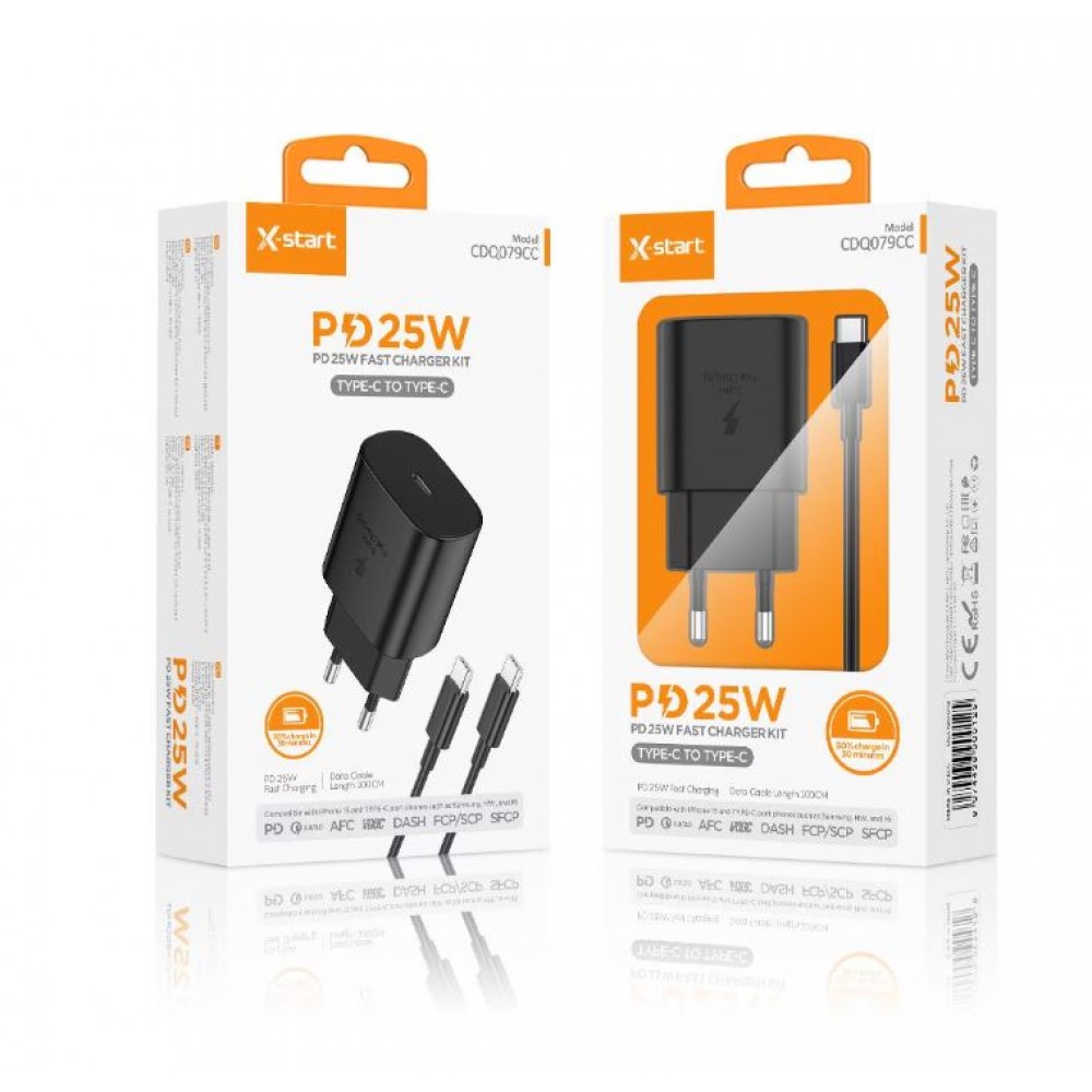 Incarcator retea X-Start Daden CDQ079CC + cablu de incarcare USB-C 1m, Incarcare rapida, Super Quick Charge, 5V, 3A, Power Delivery 25W, USB-C, Negru
