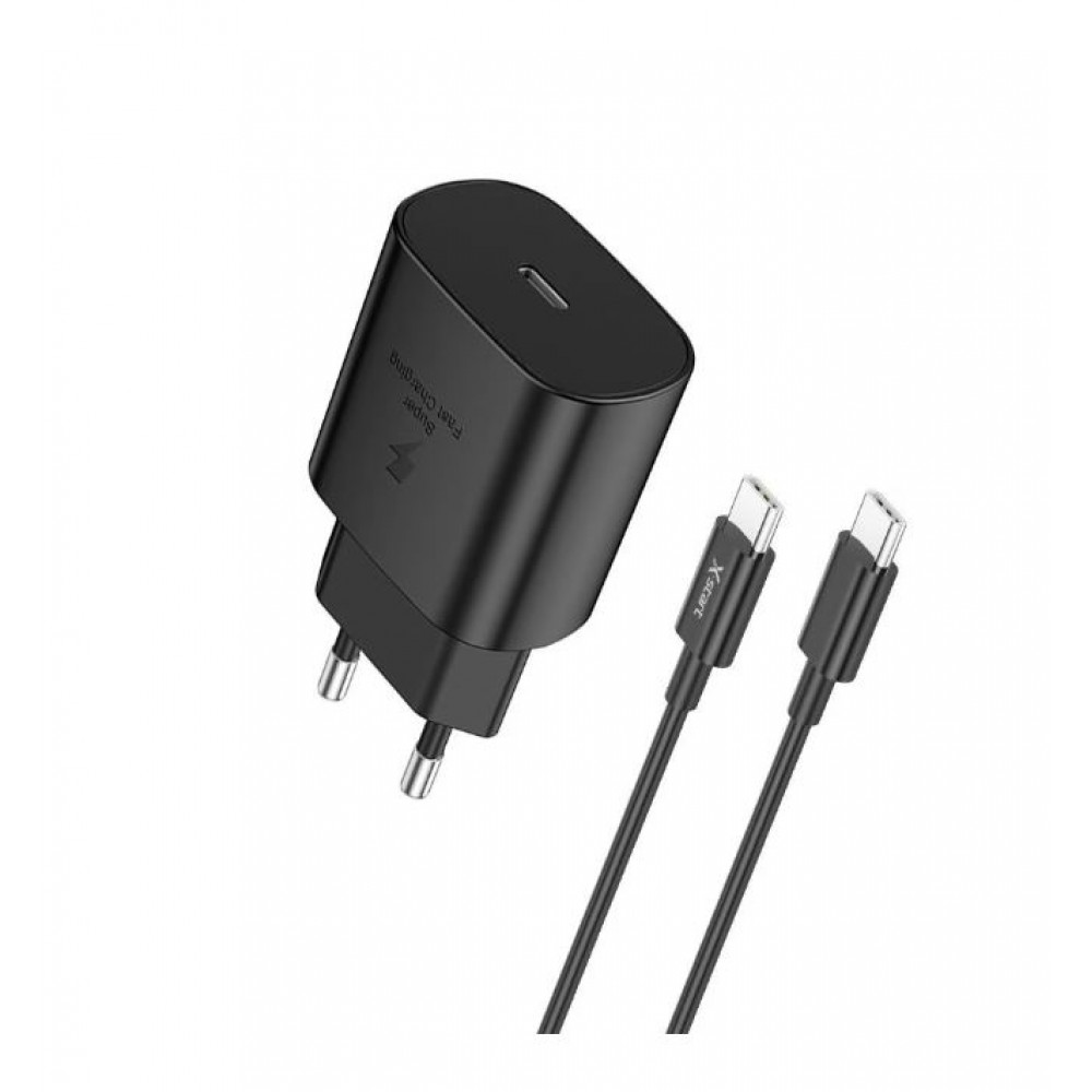 Incarcator retea X-Start Daden CDQ079CC + cablu de incarcare USB-C 1m, Incarcare rapida, Super Quick Charge, 5V, 3A, Power Delivery 25W, USB-C, Negru